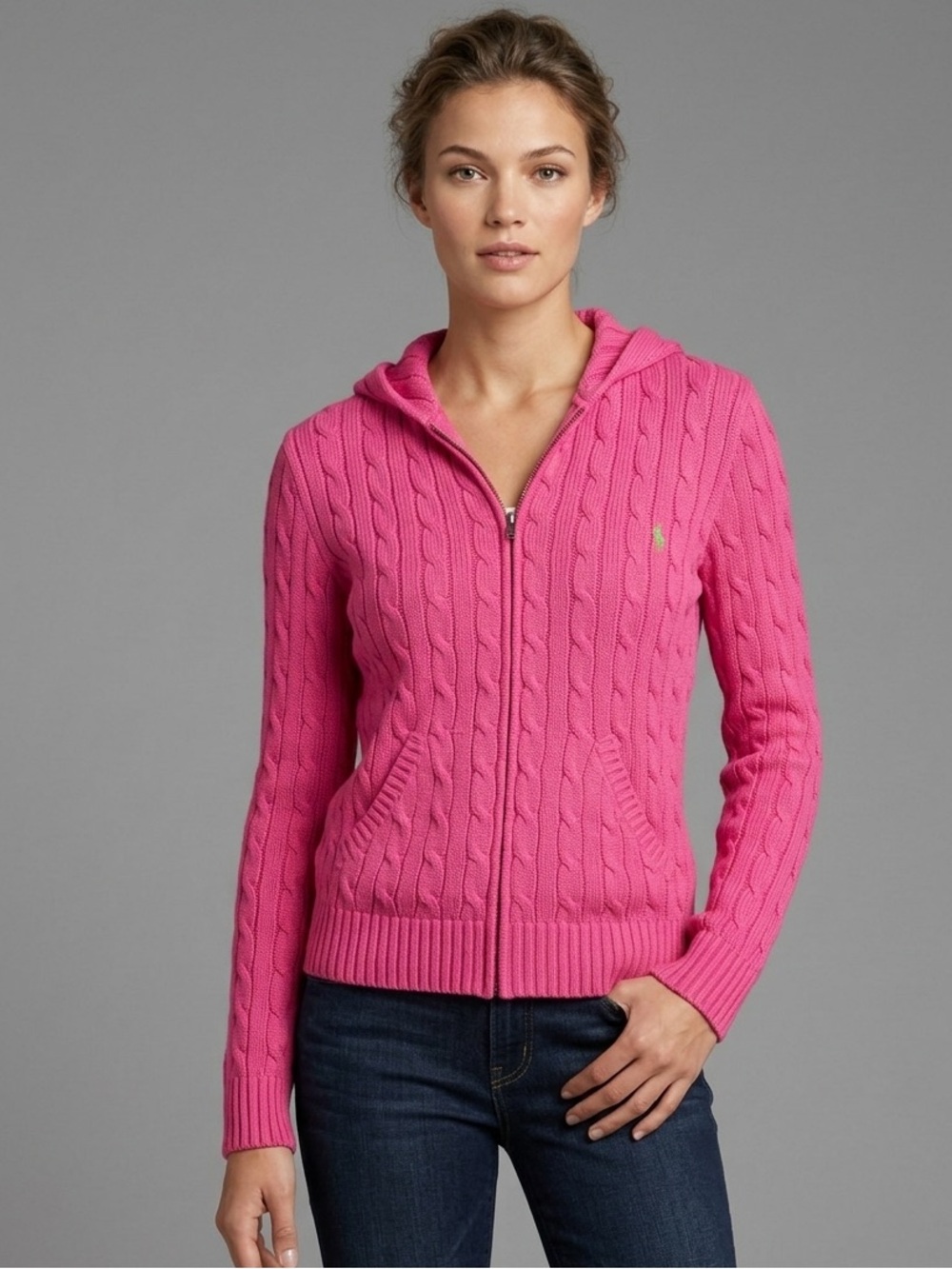 Vintage Y2K Ralph Lauren COTTON Cable Knit Hooded Sweater Jacket Sz L Pink